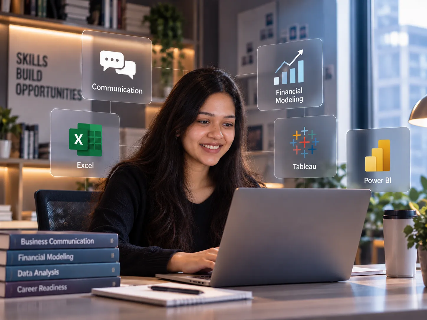 A student working on a laptop, surrounded by Communication, Excel, Financial Modeling, Tableau and Power BI icons
